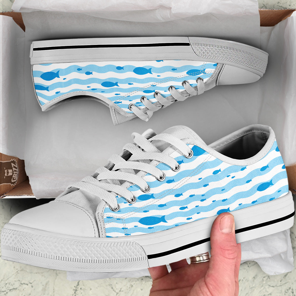 Fish Swimming In Blue Sea Print Pattern White Low Top Shoes-grizzshop