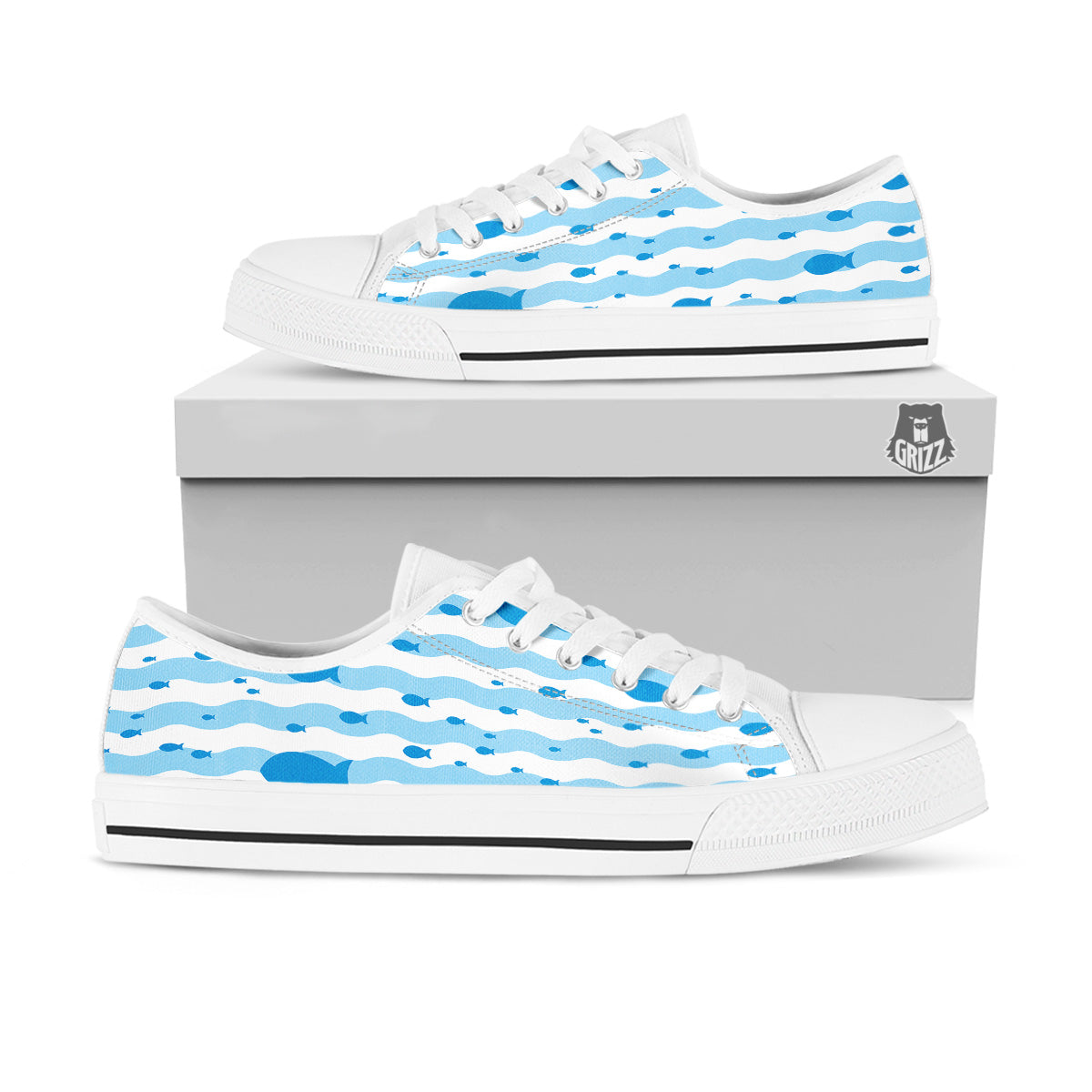 Fish Swimming In Blue Sea Print Pattern White Low Top Shoes-grizzshop