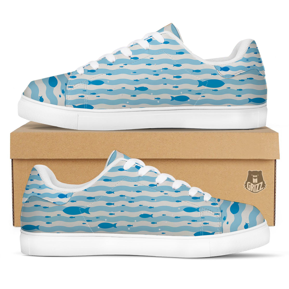 Fish Swimming In Blue Sea Print Pattern White Low Top Sneakers-grizzshop