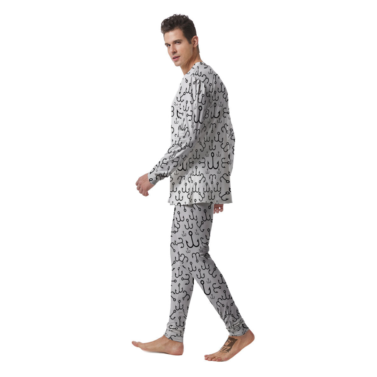 Fishing Hooks White And Black Print Men's Pajamas-grizzshop