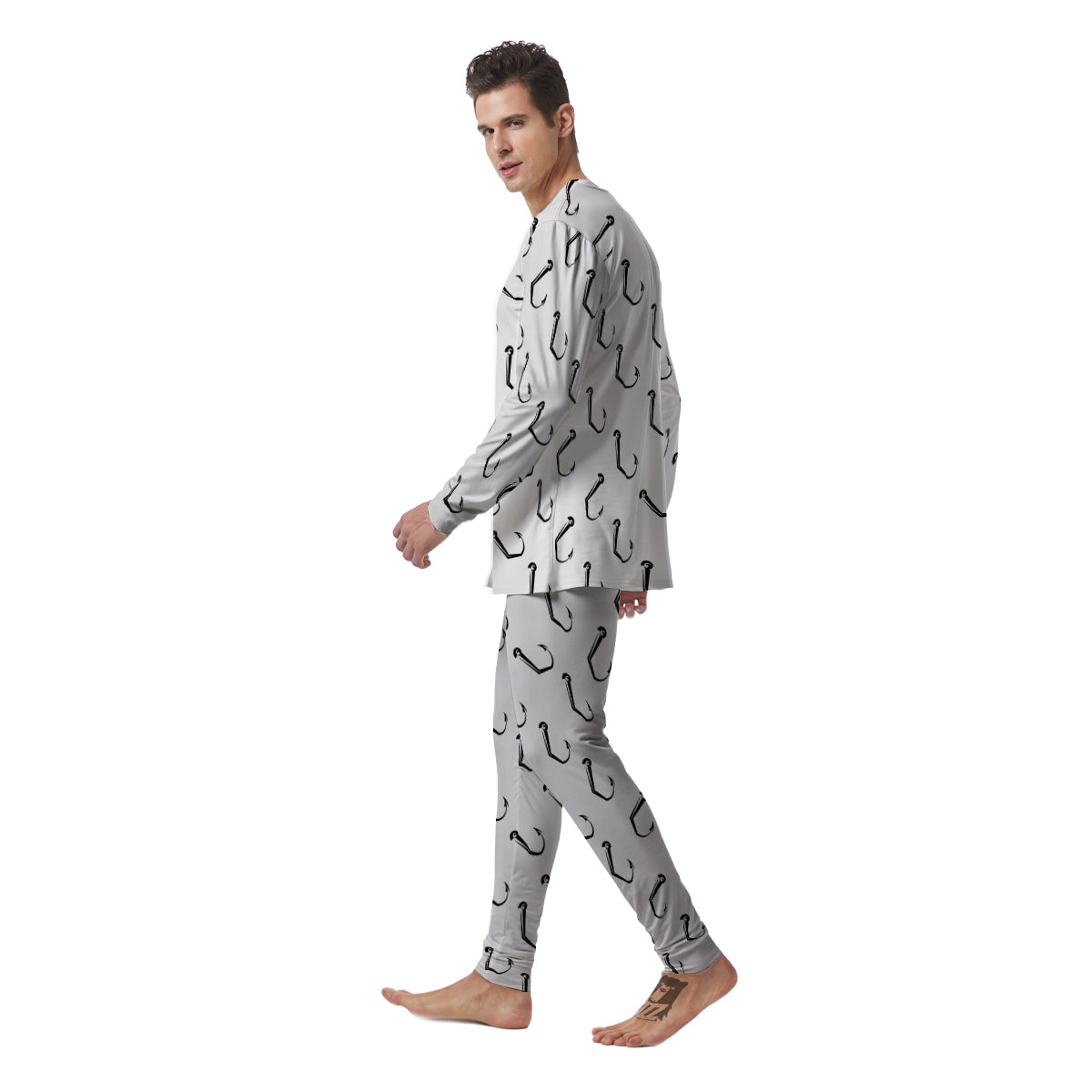 Fishing Hooks White And Black Print Pattern Men's Pajamas-grizzshop