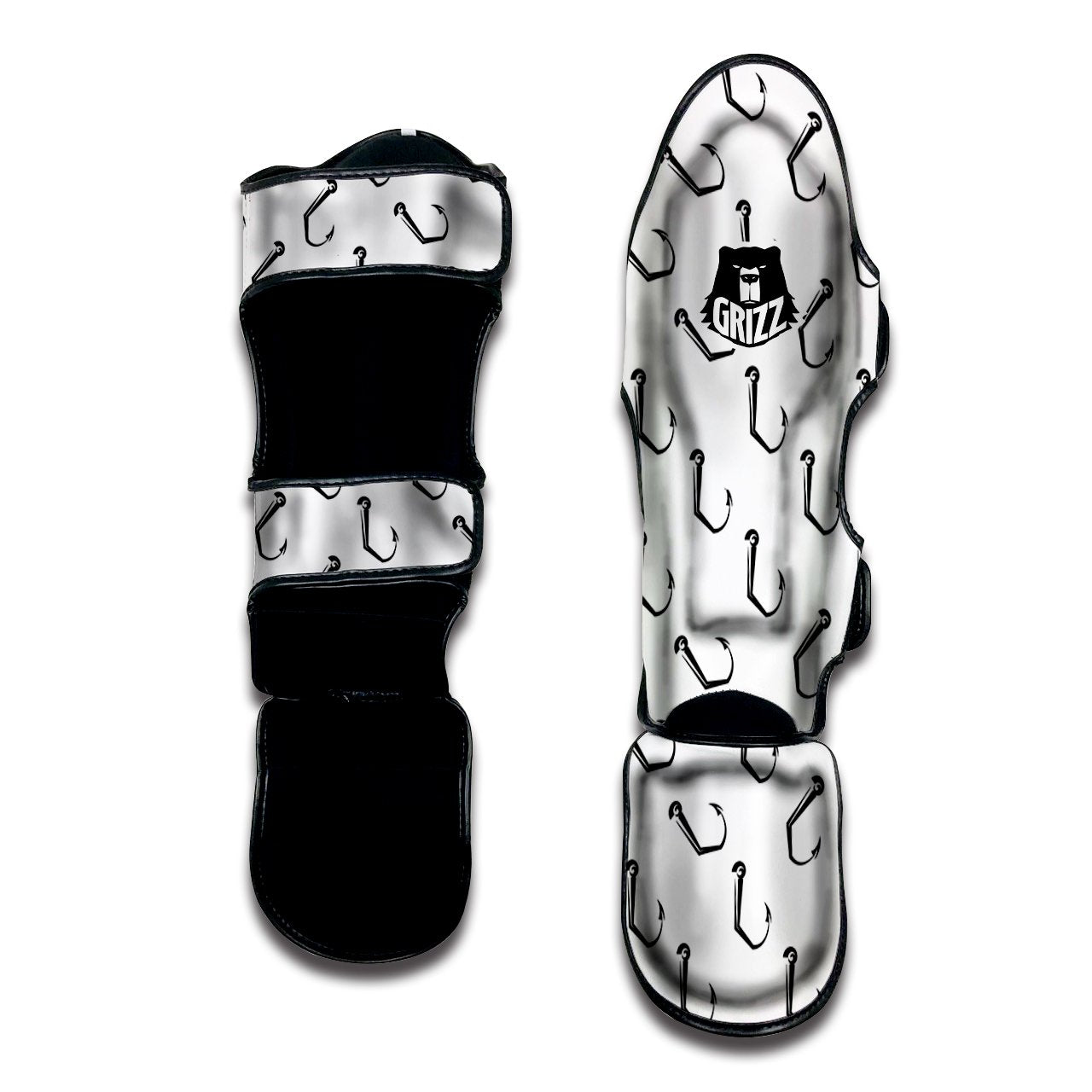 Fishing Hooks White And Black Print Pattern Muay Thai Shin Guards-grizzshop