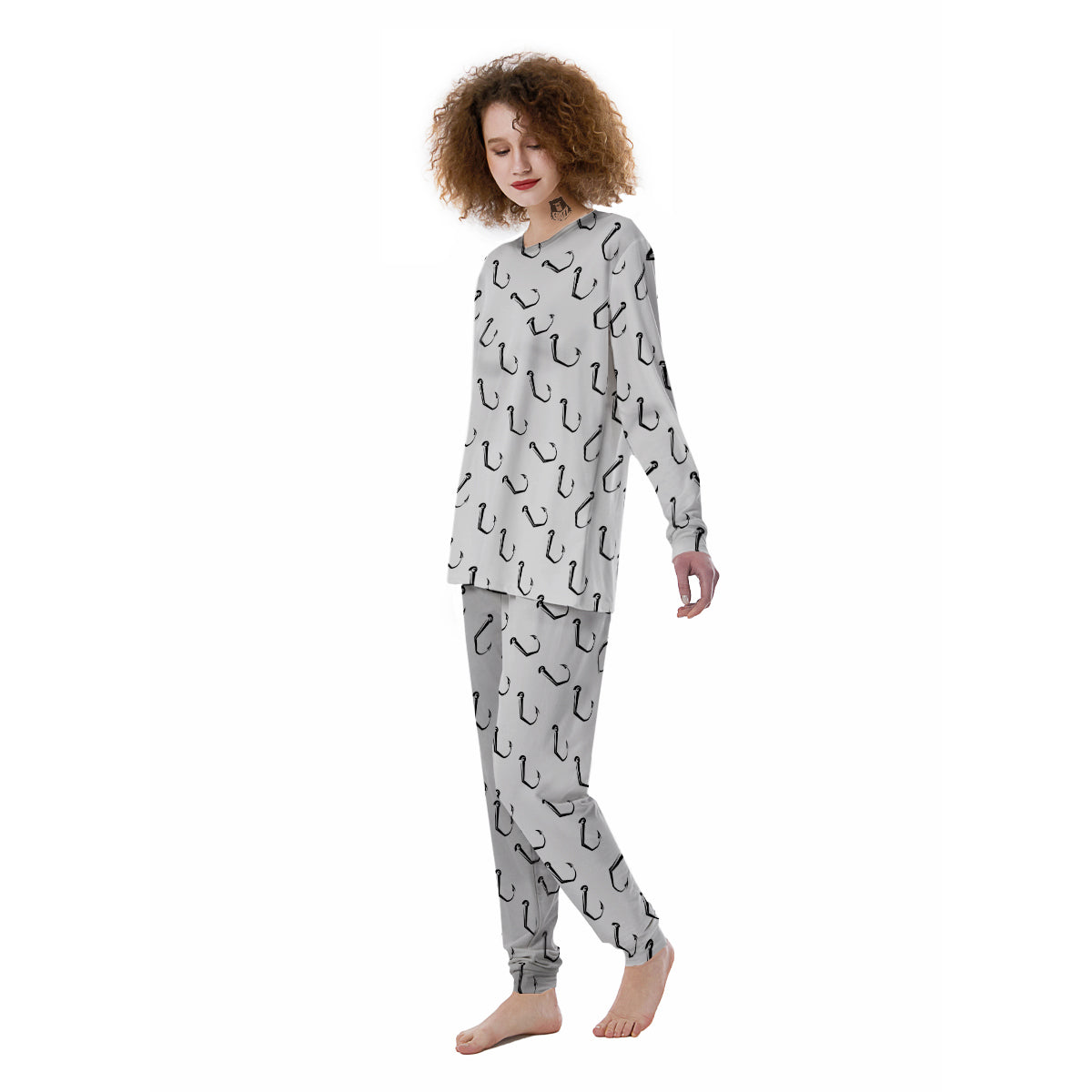 Fishing Hooks White And Black Print Pattern Women's Pajamas-grizzshop