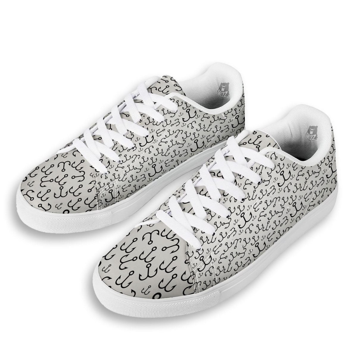 Fishing Hooks White And Black Print White Low Top Sneakers-grizzshop