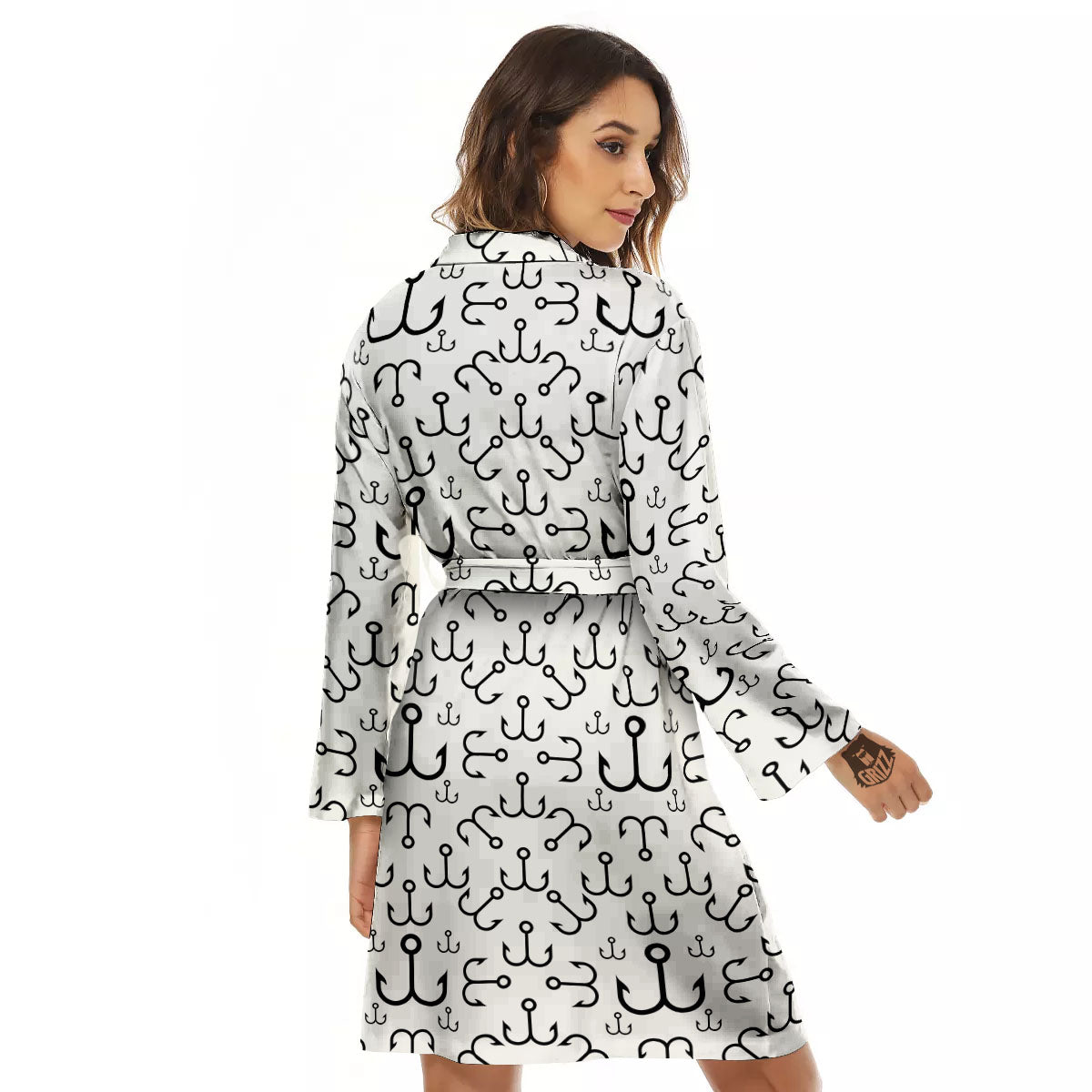 Fishing Hooks White And Black Print Women's Robe-grizzshop