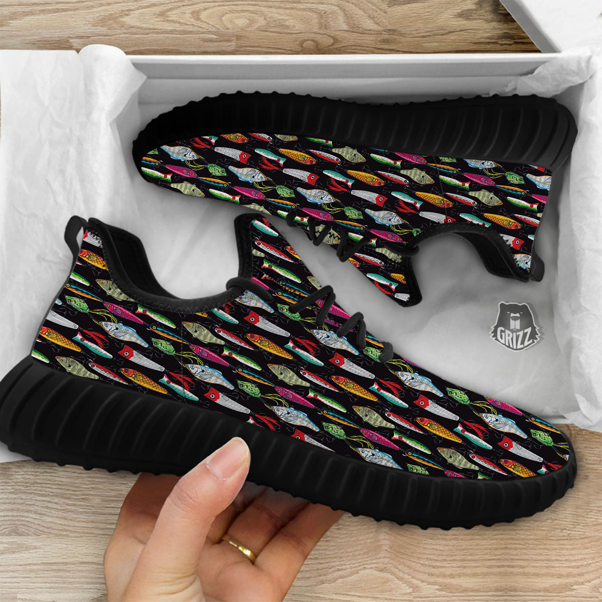 Fishing Print Pattern Black Walking Shoes-grizzshop