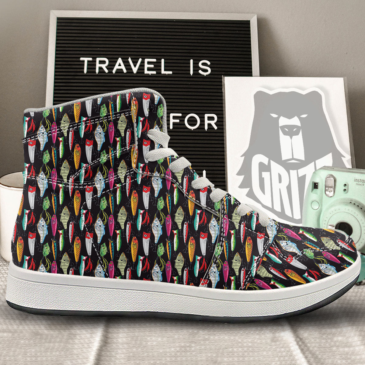 Fishing Print Pattern High Top Sneakers-grizzshop