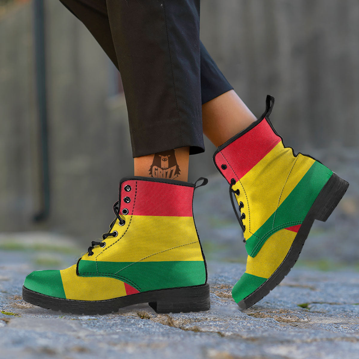 Flag Rasta Print Leather Boots-grizzshop