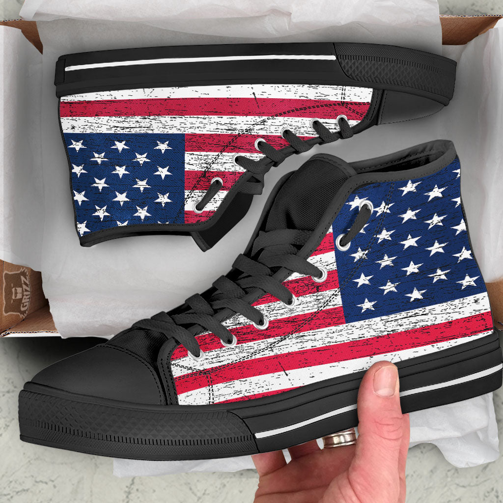 Flag USA Grunge Print Black High Top Shoes-grizzshop