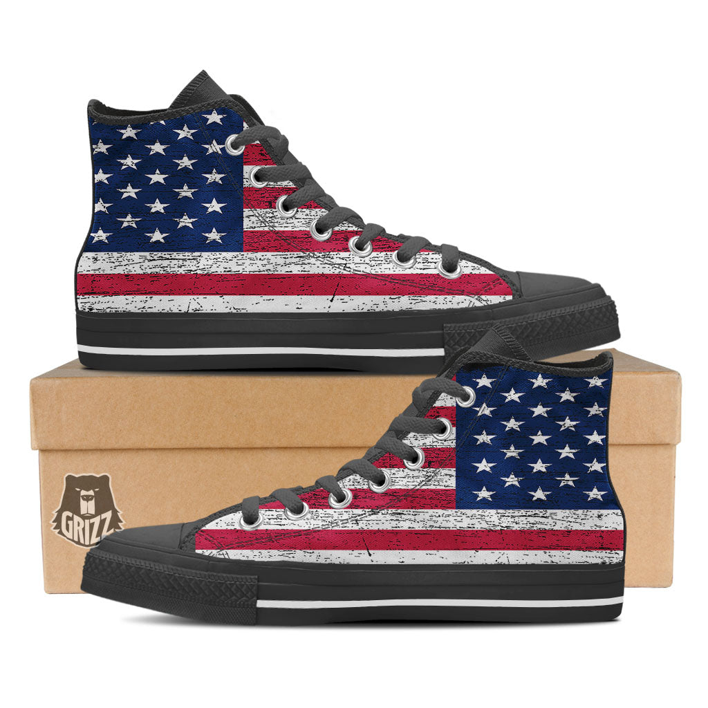 Flag USA Grunge Print Black High Top Shoes-grizzshop