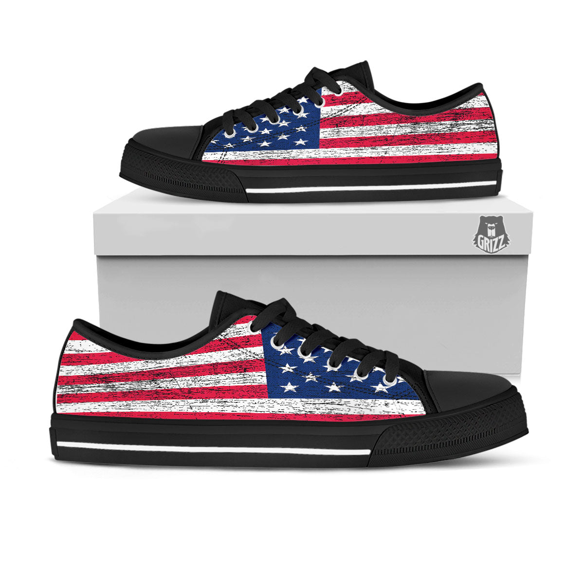 Flag USA Grunge Print Black Low Top Shoes-grizzshop