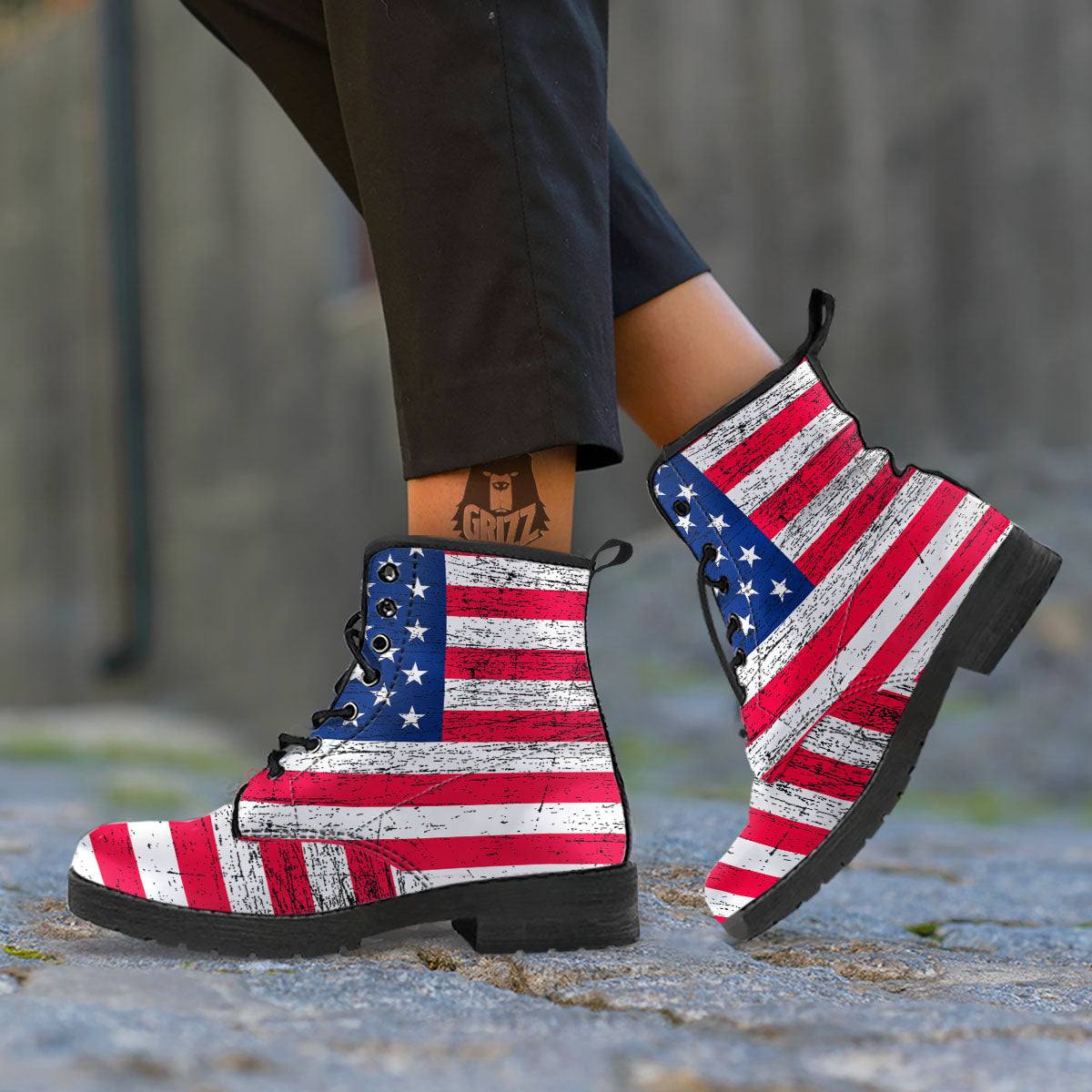 Flag USA Grunge Print Leather Boots-grizzshop