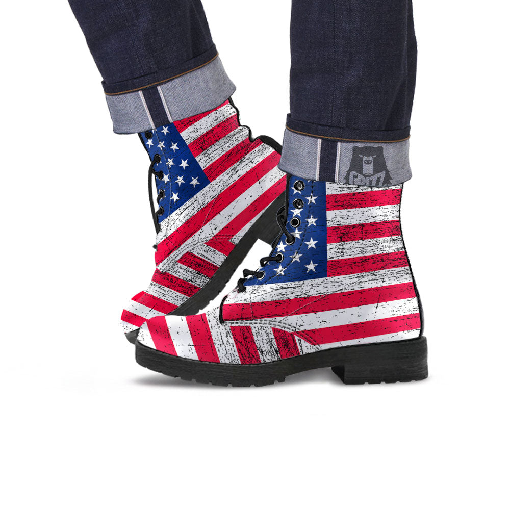 Flag USA Grunge Print Leather Boots-grizzshop