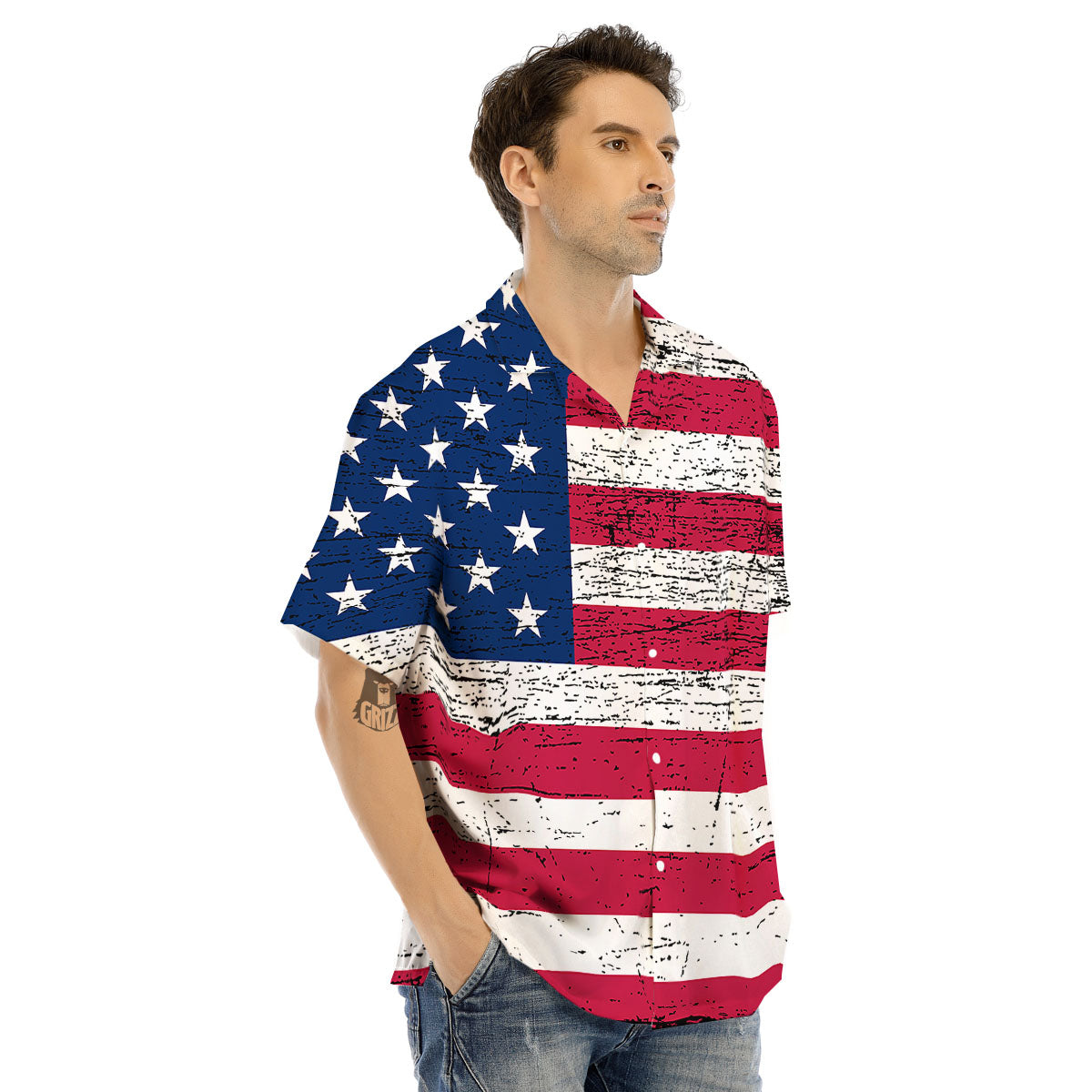 Flag USA Grunge Print Men's Hawaiian Shirt-grizzshop