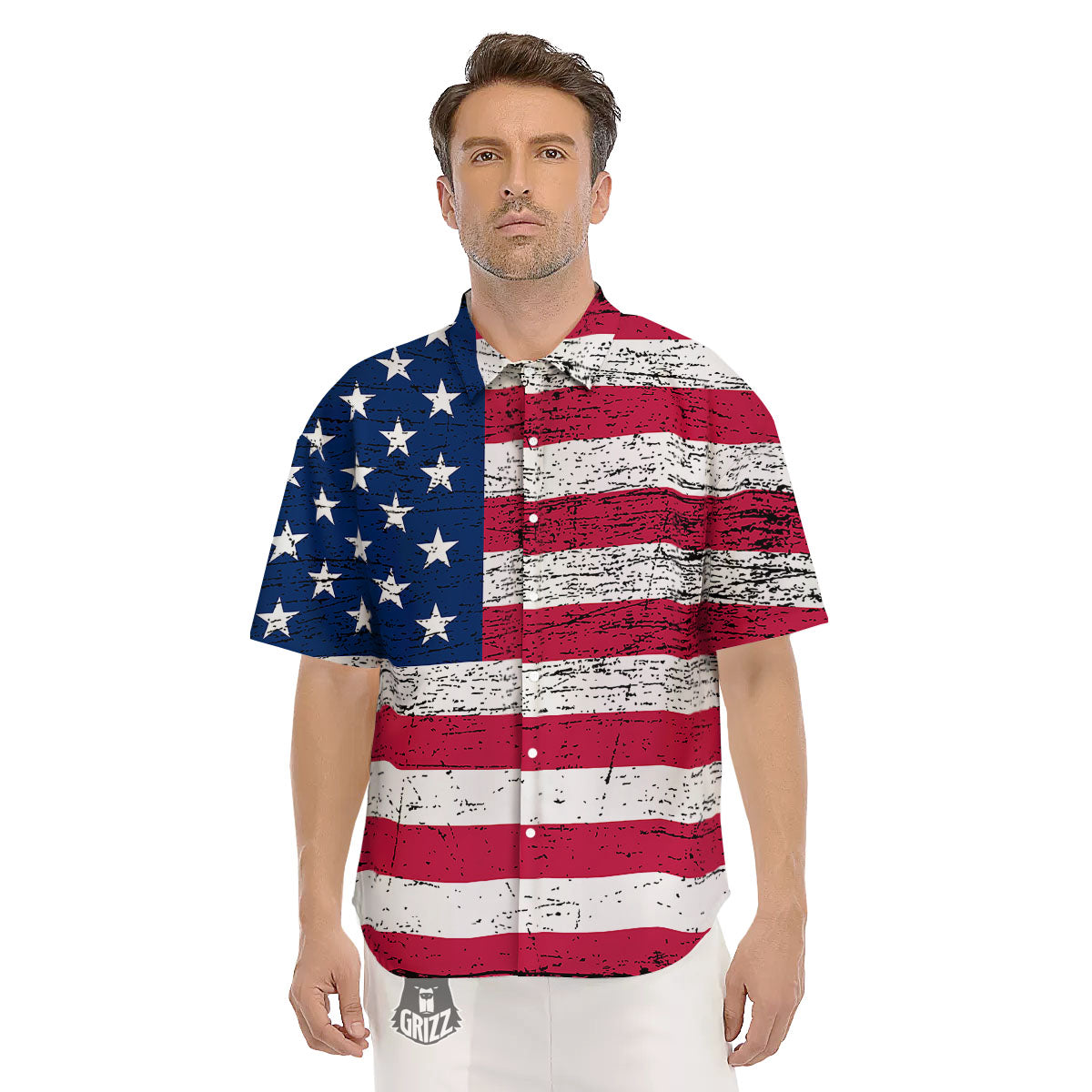 Flag USA Grunge Print Men's Short Sleeve Shirts-grizzshop