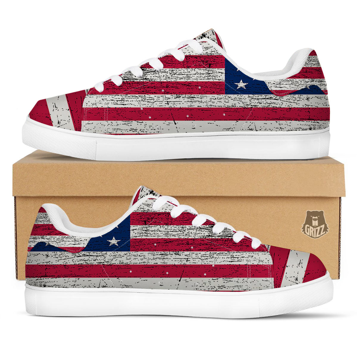 Flag USA Grunge Print White Low Top Sneakers-grizzshop