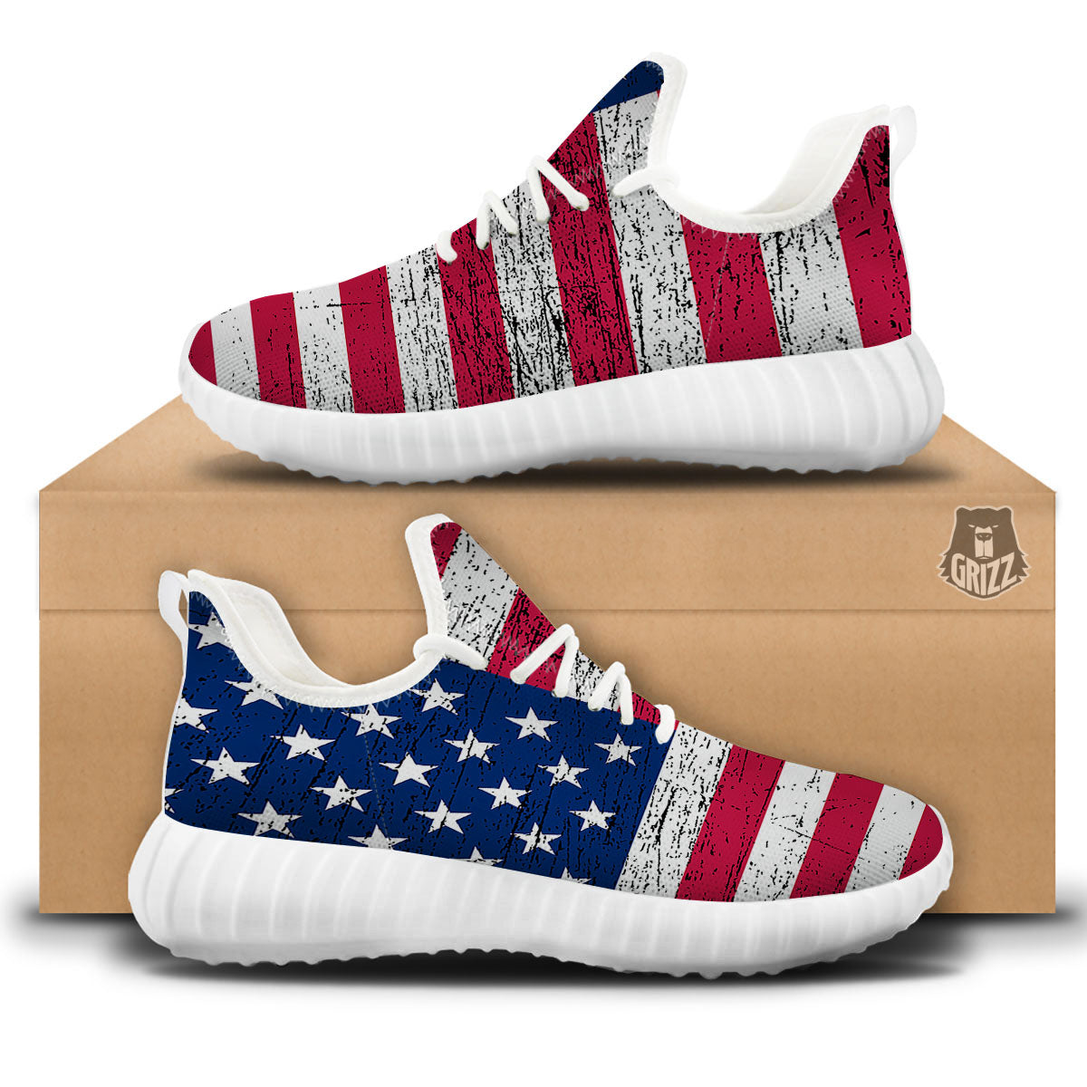 Flag USA Grunge Print White Walking Shoes-grizzshop