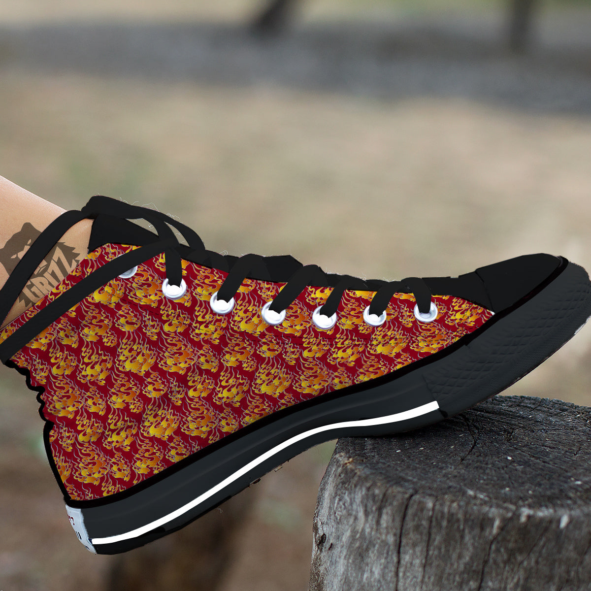 Flame Burning Japanese Art Print Pattern Black High Top Shoes-grizzshop