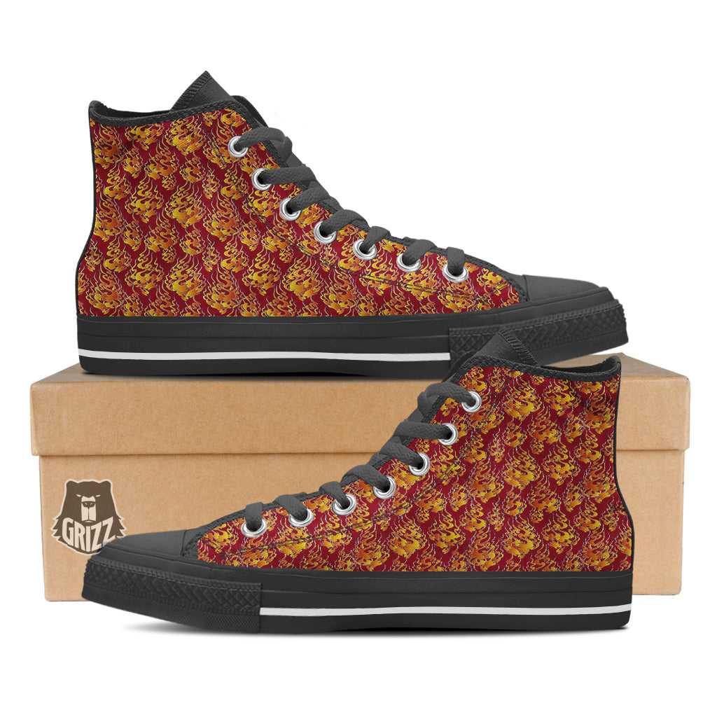 Flame Burning Japanese Art Print Pattern Black High Top Shoes-grizzshop