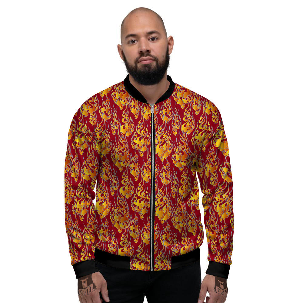 Flame Burning Japanese Art Print Pattern Men's Bomber Jacket-grizzshop