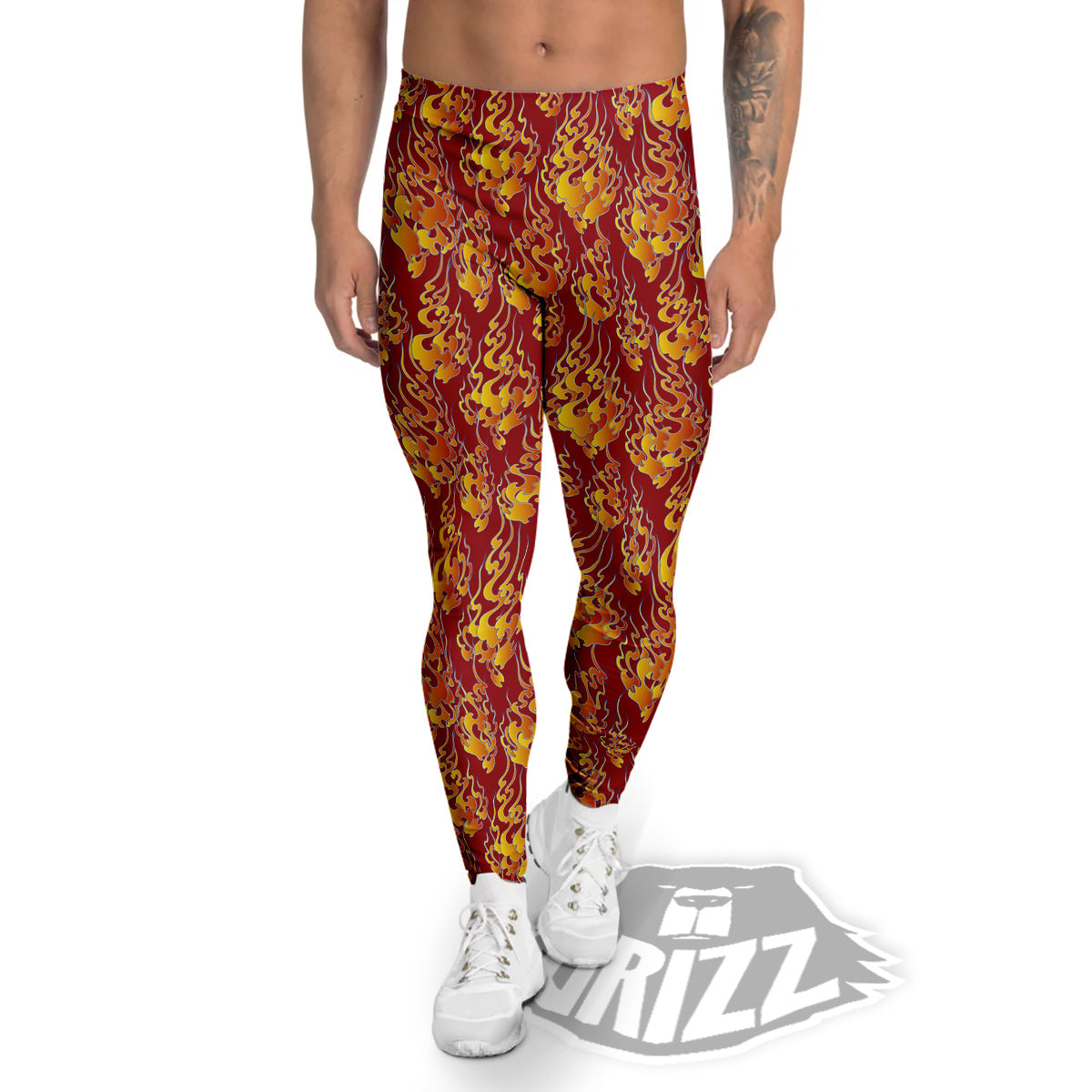 Flame Burning Japanese Art Print Pattern Men's Leggings-grizzshop