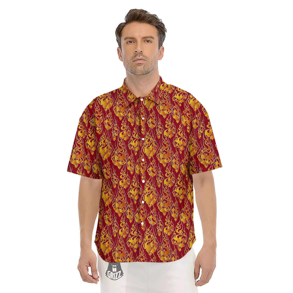Flame Burning Japanese Art Print Pattern Men's Short Sleeve Shirts-grizzshop