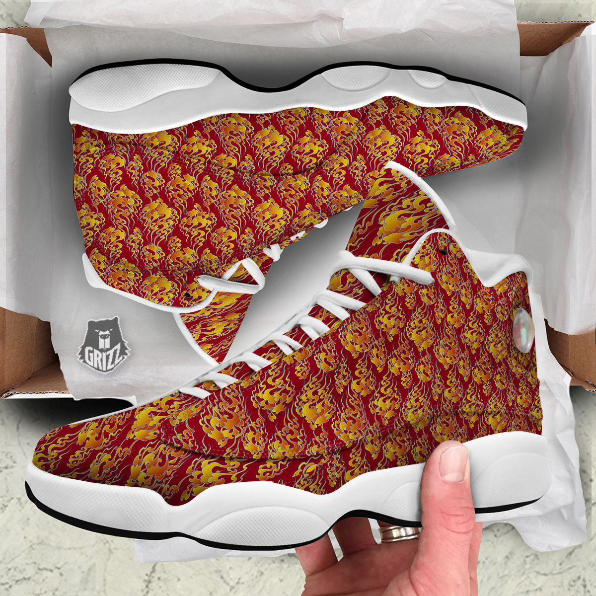 Flame Burning Japanese Art Print Pattern White Basketball Shoes-grizzshop