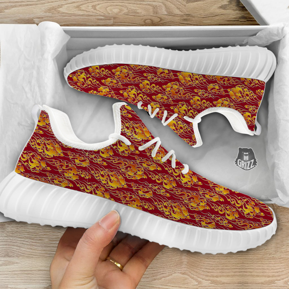 Flame Burning Japanese Art Print Pattern White Walking Shoes-grizzshop