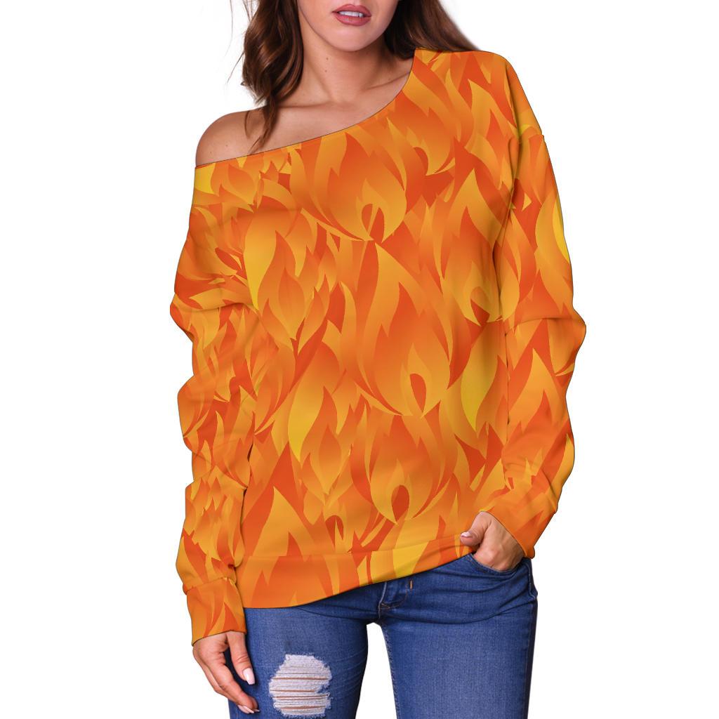 Flame Fire Pattern Print Women Off Shoulder Sweatshirt-grizzshop