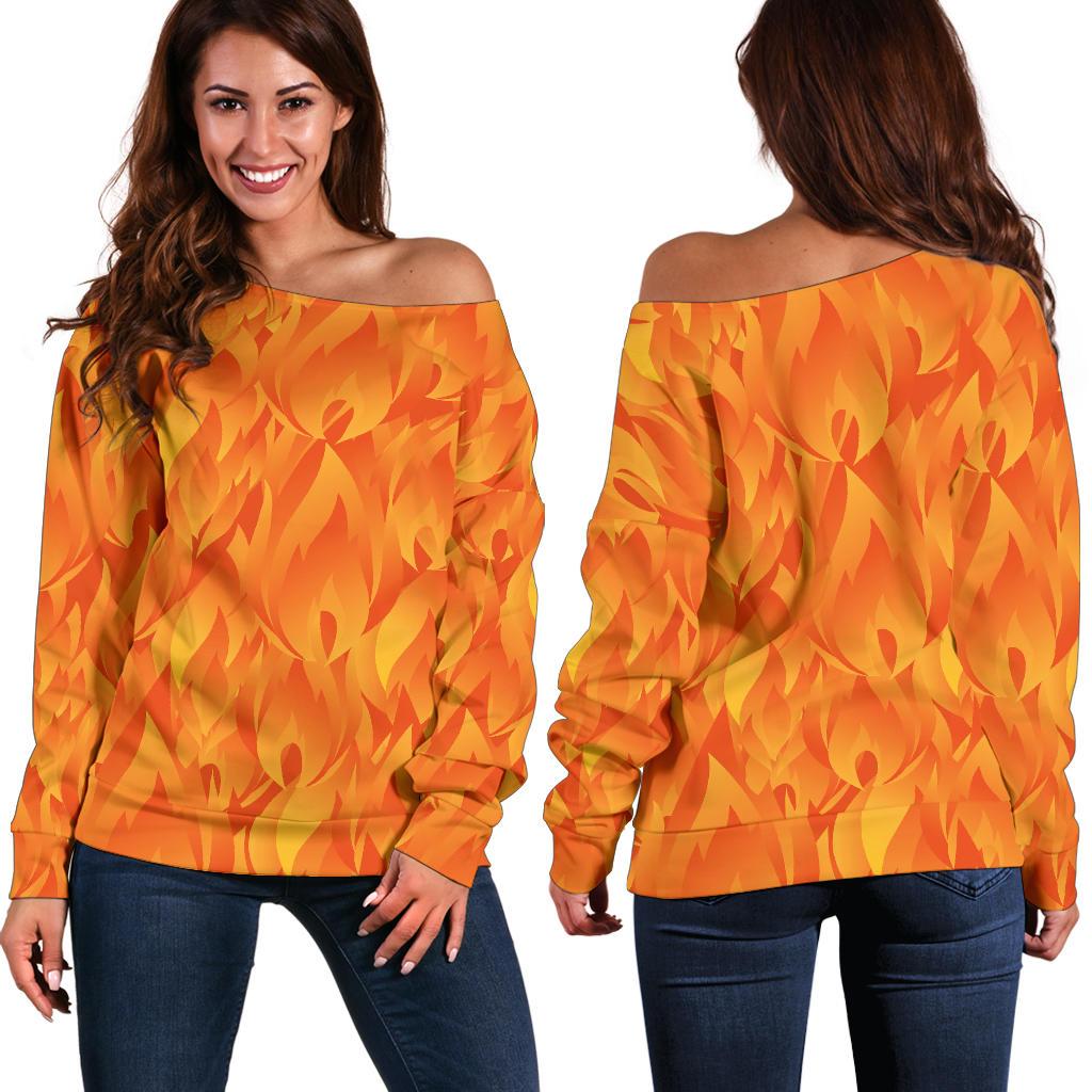 Flame Fire Pattern Print Women Off Shoulder Sweatshirt-grizzshop