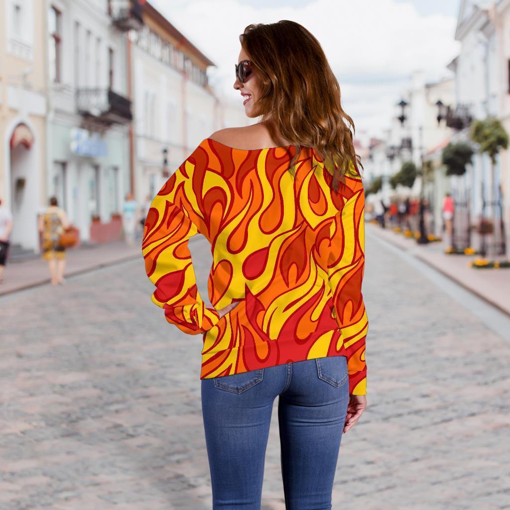 Flame Fire Print Pattern Women Off Shoulder Sweatshirt-grizzshop