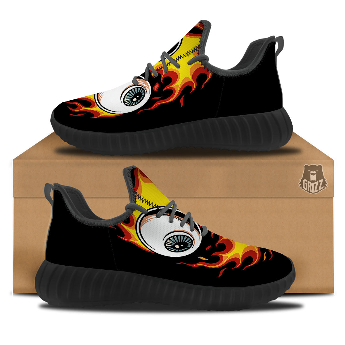 Flaming Eye Print Black Walking Shoes-grizzshop