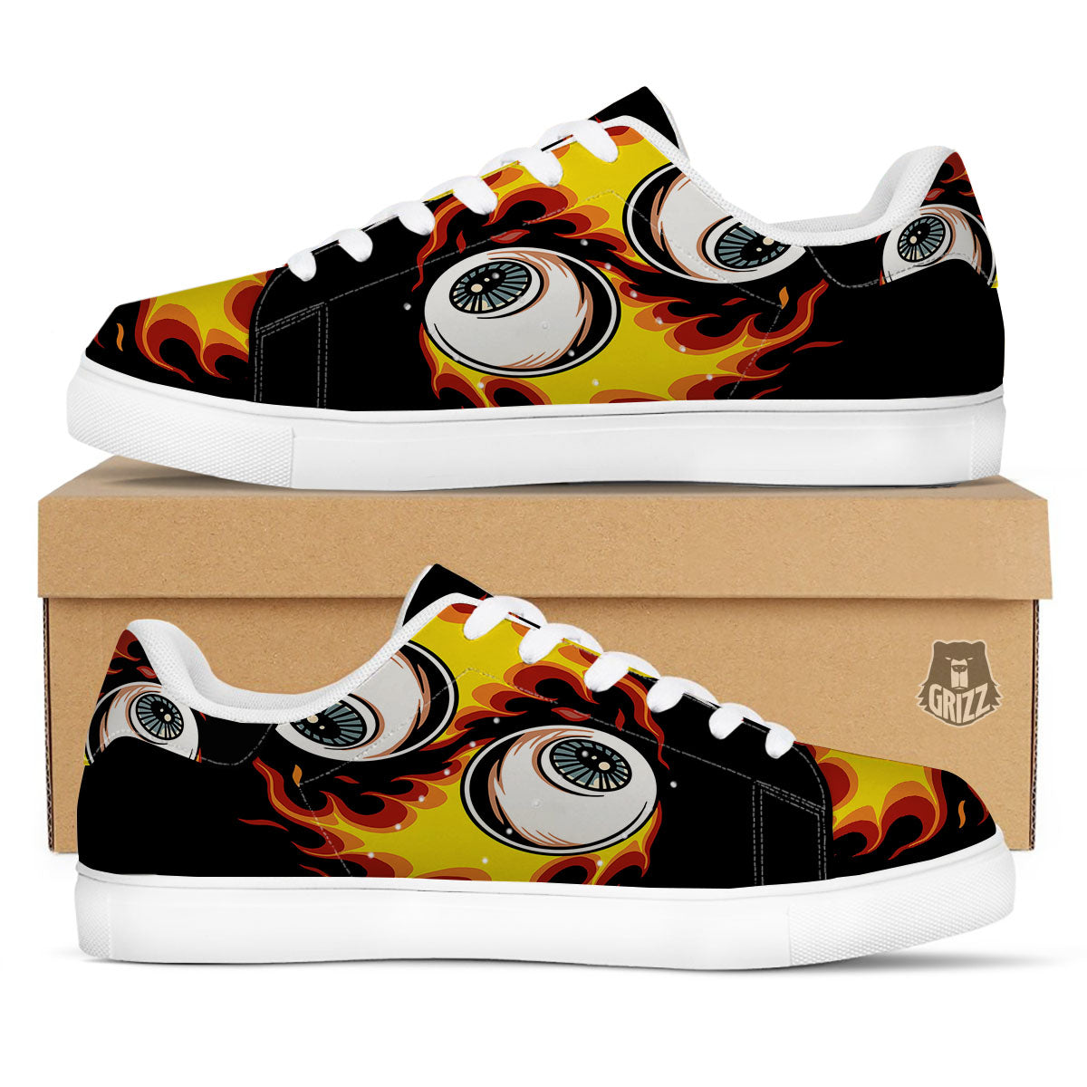Flaming Eye Print White Low Top Sneakers-grizzshop