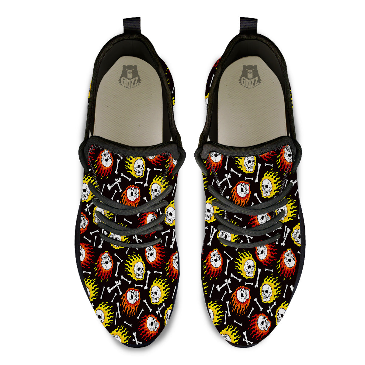 Flaming Skulls And Bone Print Pattern Black Athletic Shoes-grizzshop