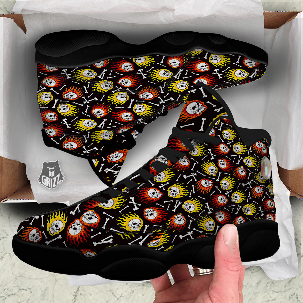 Flaming Skulls And Bone Print Pattern Black Basketball Shoes-grizzshop