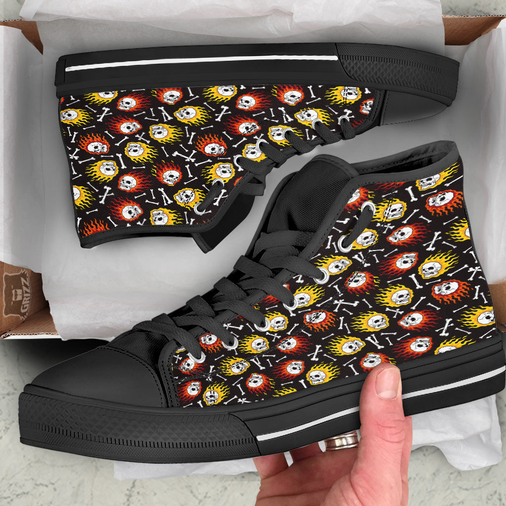 Flaming Skulls And Bone Print Pattern Black High Top Shoes-grizzshop