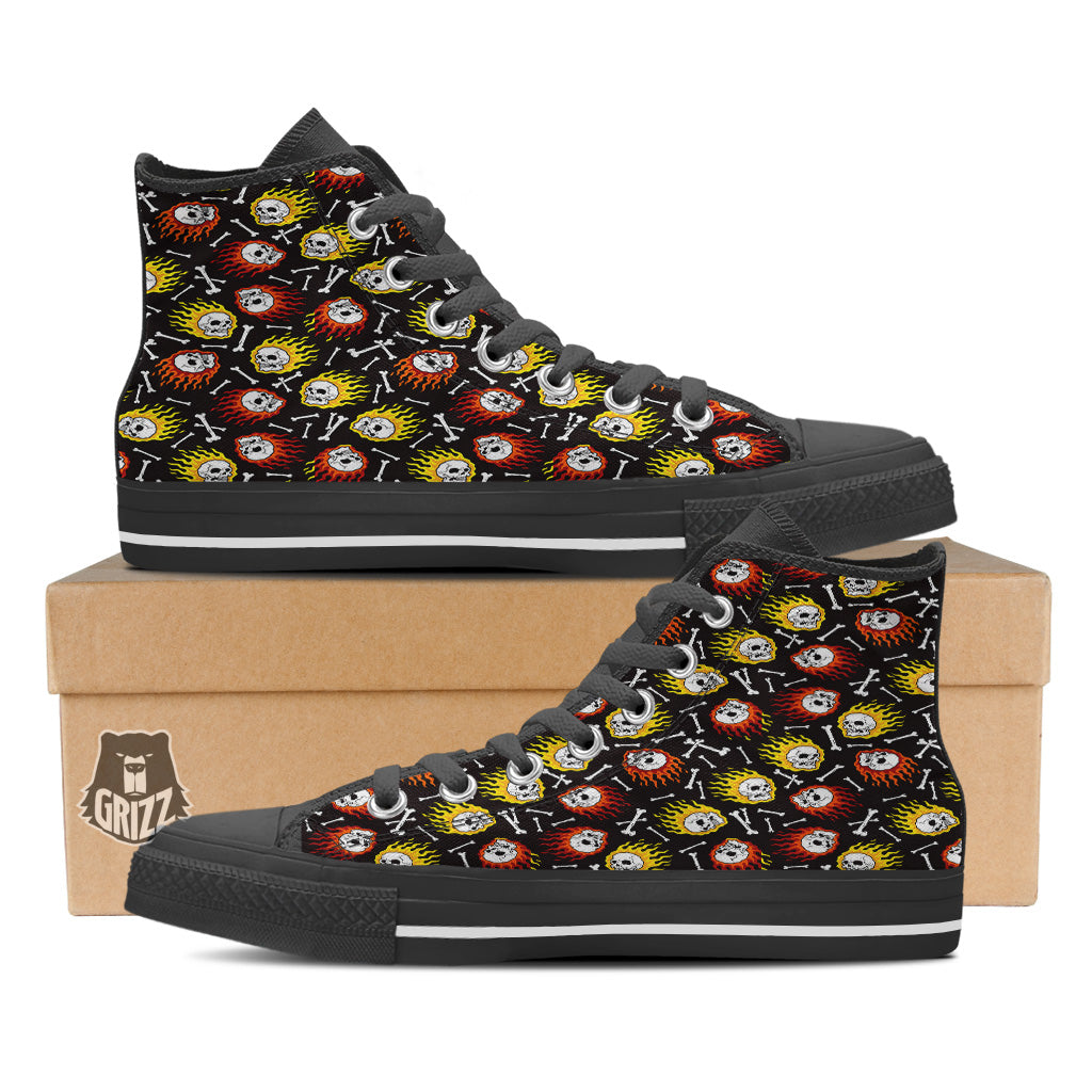 Flaming Skulls And Bone Print Pattern Black High Top Shoes-grizzshop