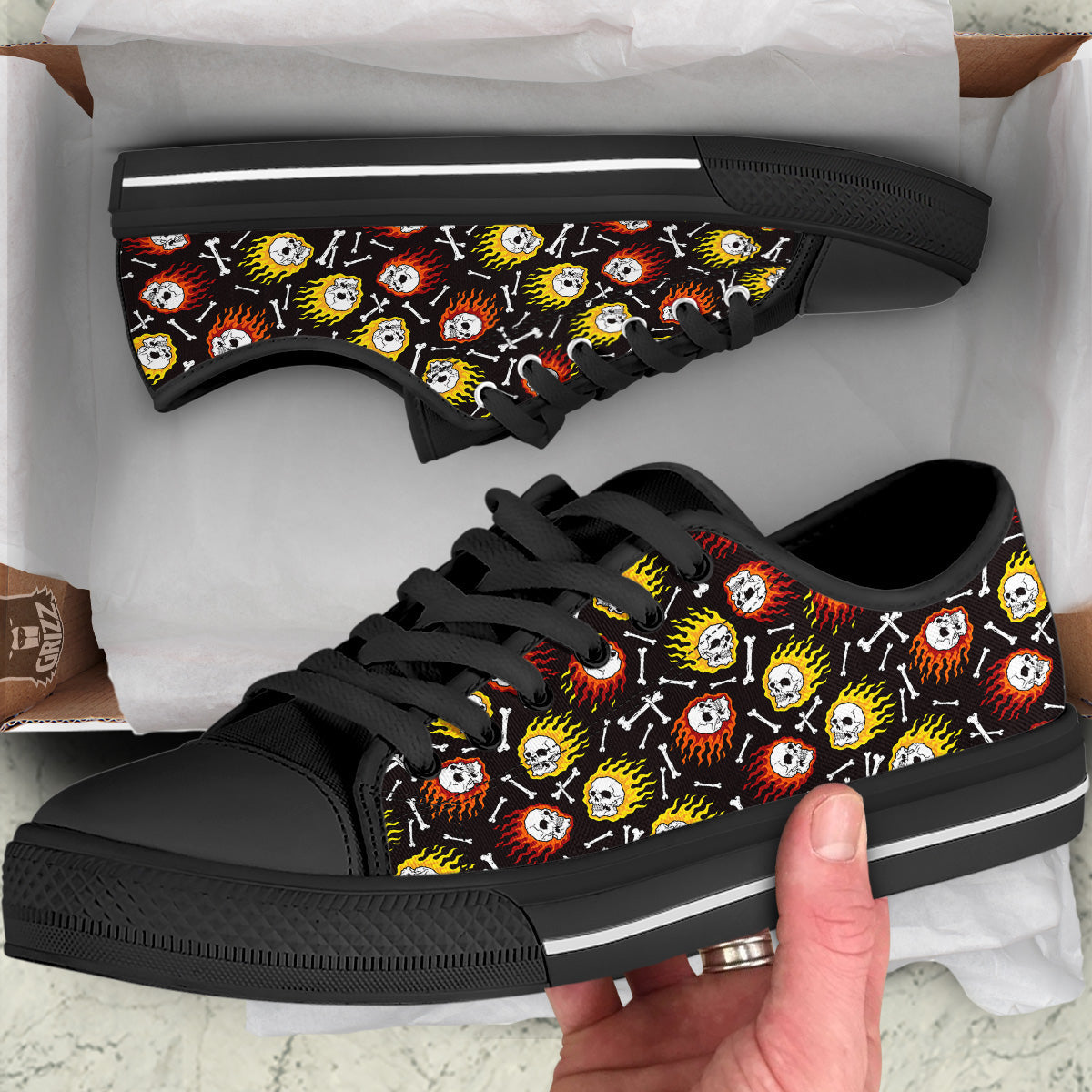 Flaming Skulls And Bone Print Pattern Black Low Top Shoes-grizzshop
