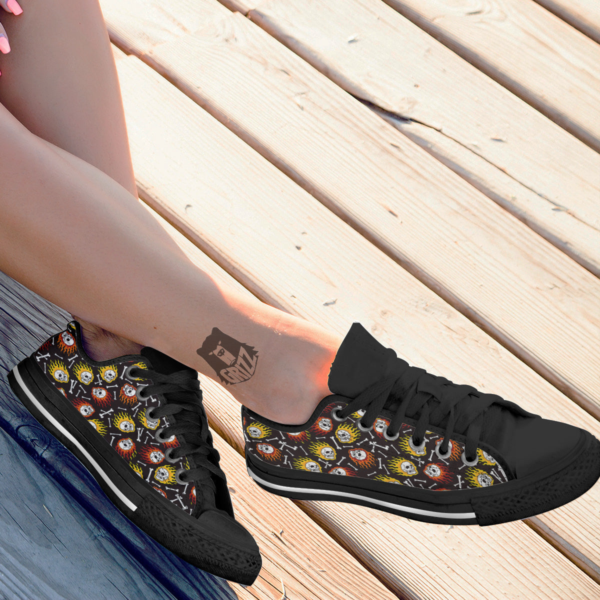 Flaming Skulls And Bone Print Pattern Black Low Top Shoes-grizzshop