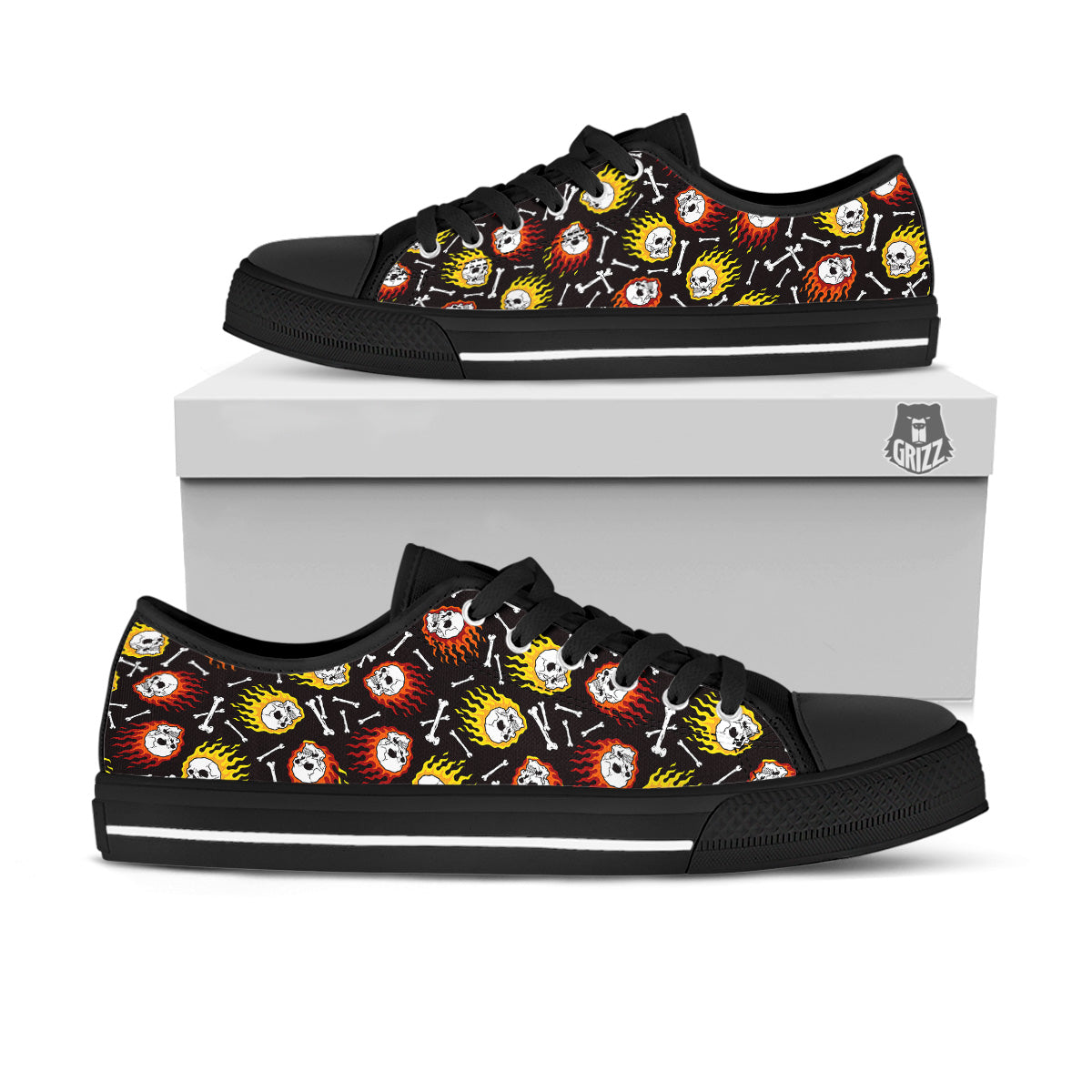 Flaming Skulls And Bone Print Pattern Black Low Top Shoes-grizzshop
