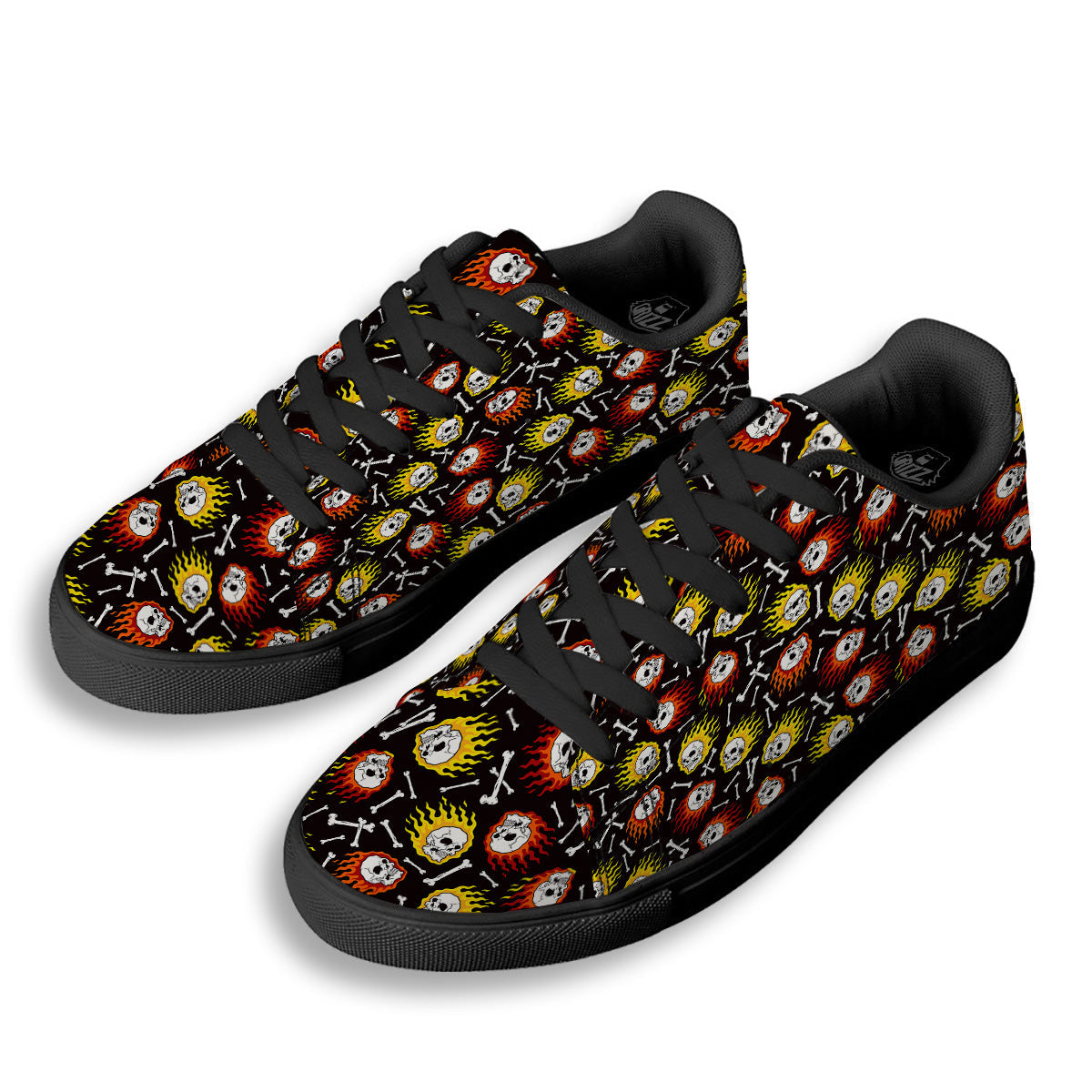 Flaming Skulls And Bone Print Pattern Black Low Top Sneakers-grizzshop