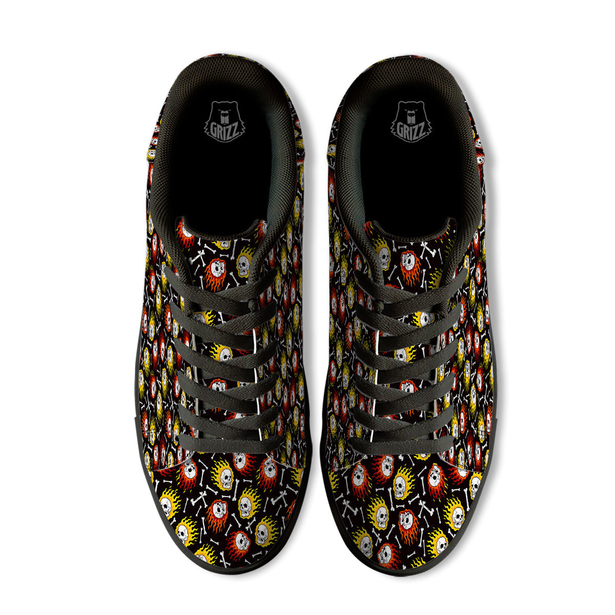 Flaming Skulls And Bone Print Pattern Black Low Top Sneakers-grizzshop