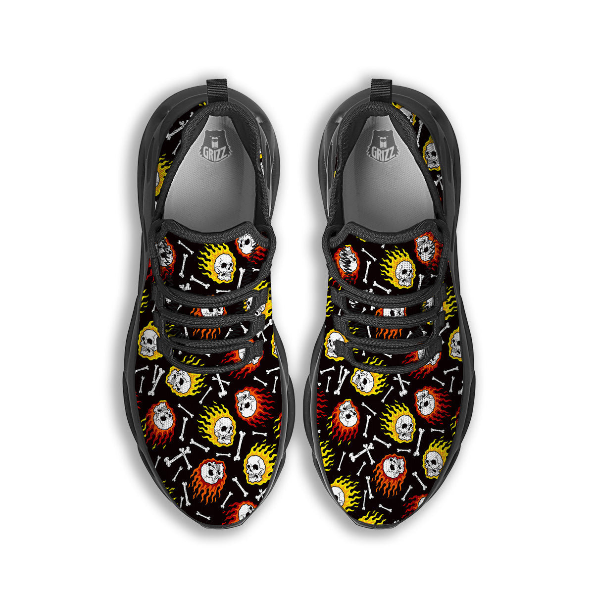 Flaming Skulls And Bone Print Pattern Black Running Shoes-grizzshop