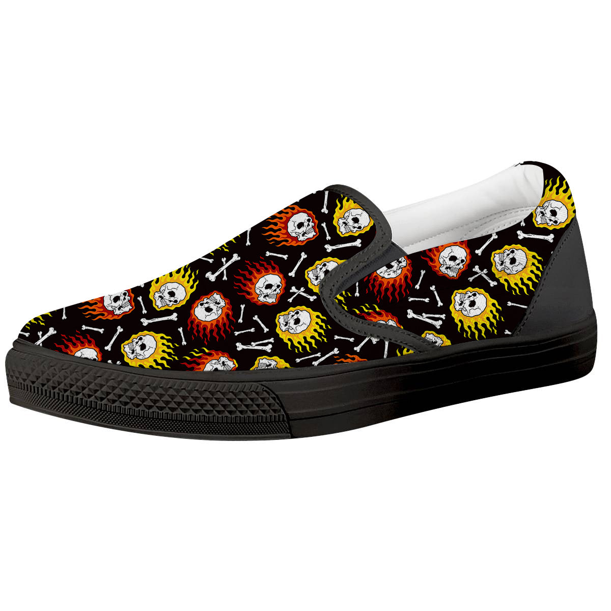 Flaming Skulls And Bone Print Pattern Black Slip On Shoes-grizzshop