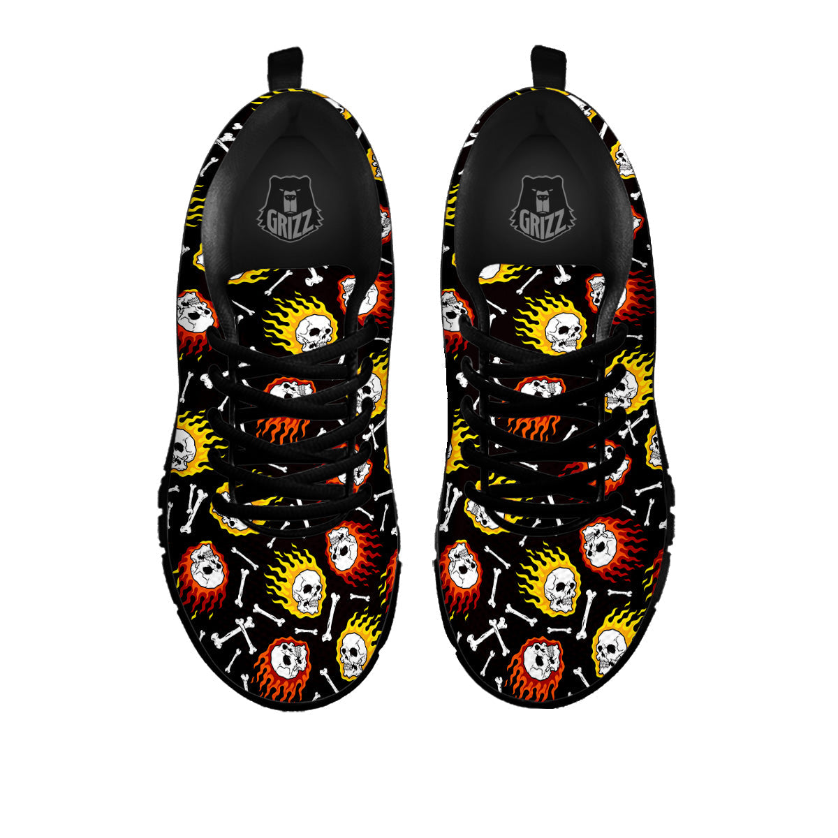 Flaming Skulls And Bone Print Pattern Black Sneaker-grizzshop