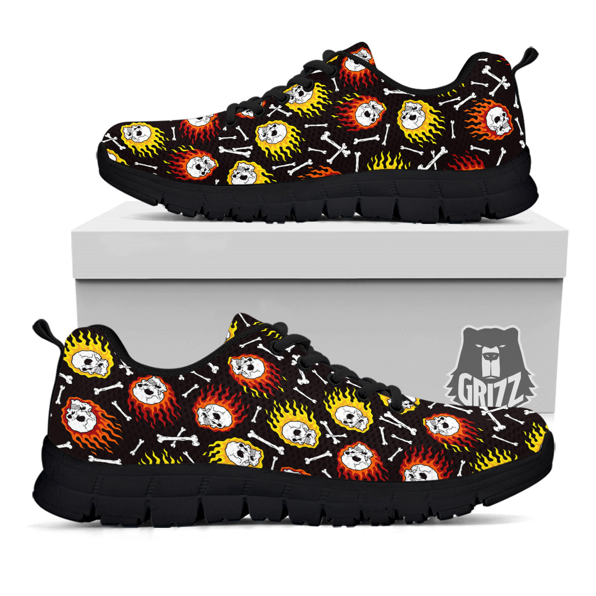 Flaming Skulls And Bone Print Pattern Black Sneaker-grizzshop