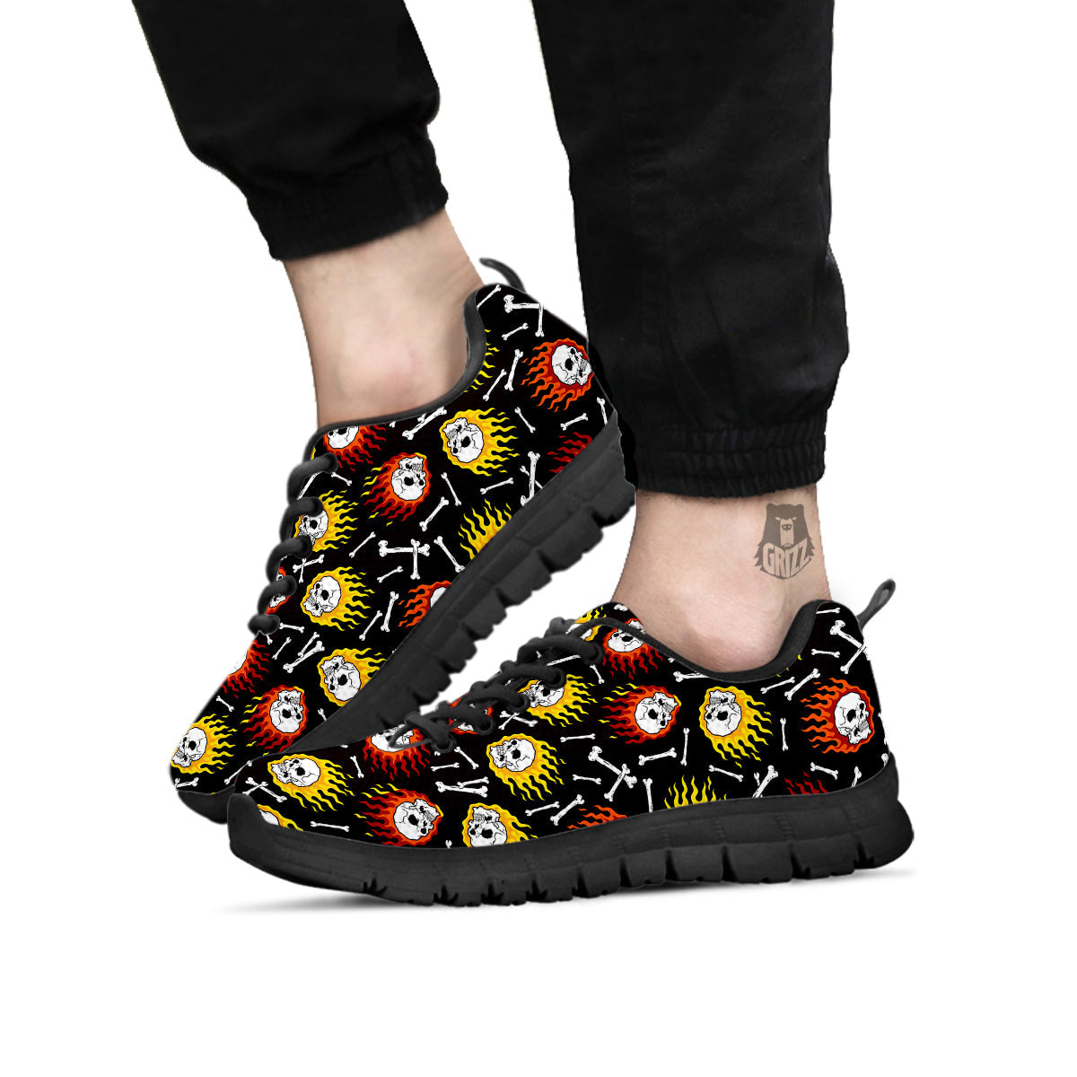 Flaming Skulls And Bone Print Pattern Black Sneaker-grizzshop