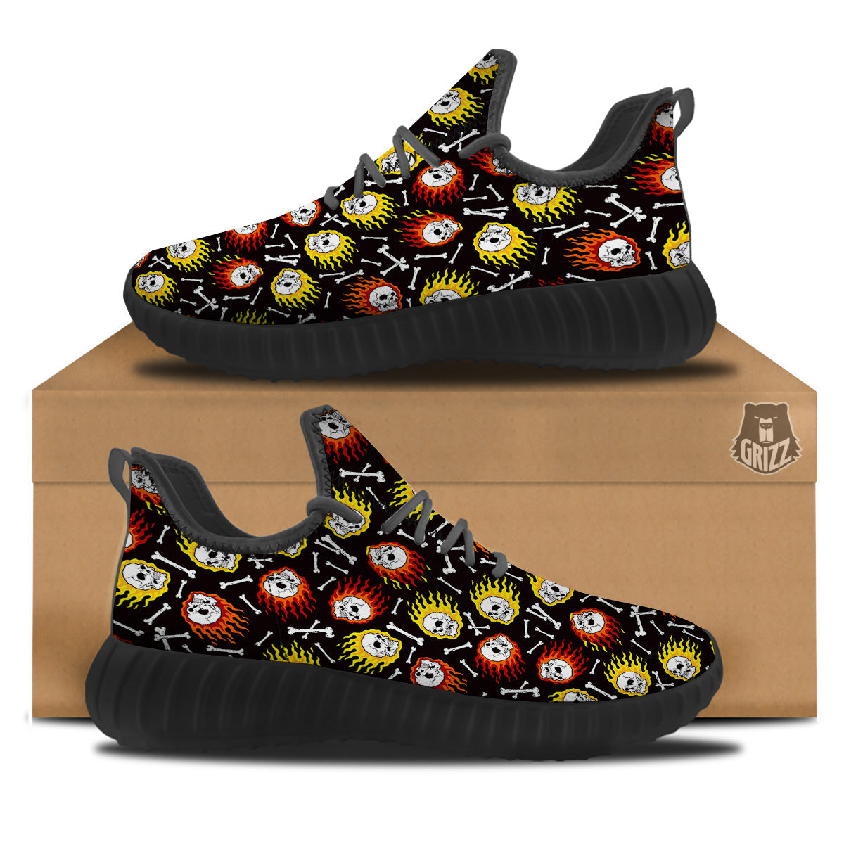Flaming Skulls And Bone Print Pattern Black Walking Shoes-grizzshop