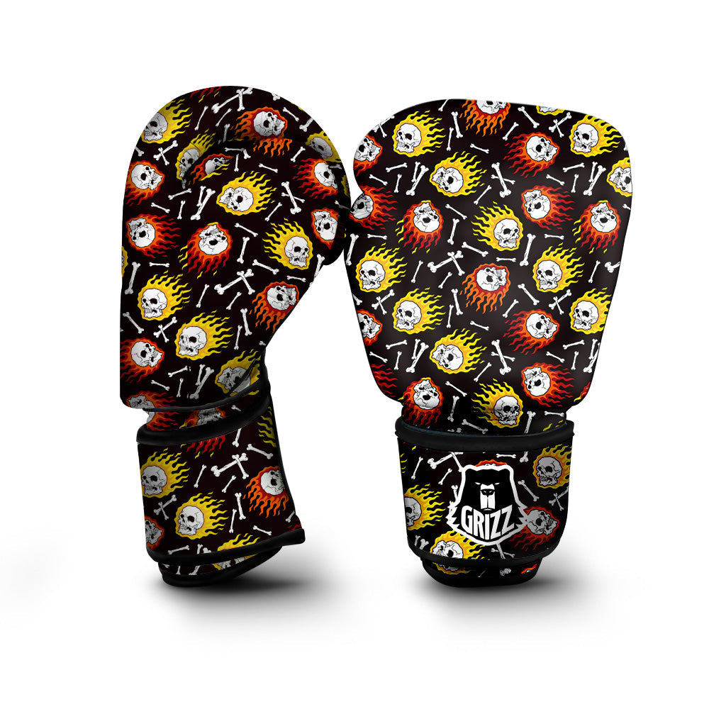 Flaming Skulls And Bone Print Pattern Boxing Gloves-grizzshop