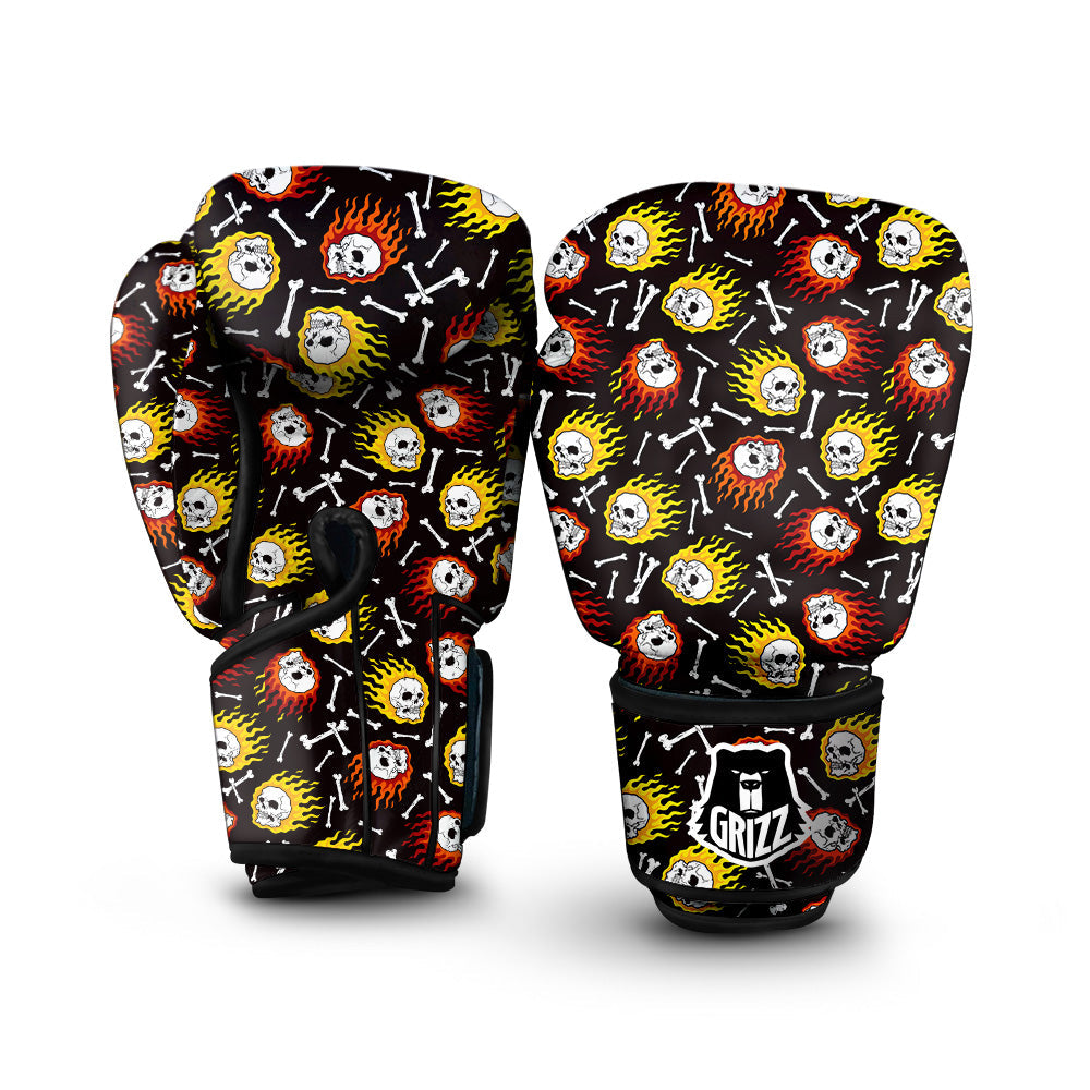 Flaming Skulls And Bone Print Pattern Boxing Gloves-grizzshop